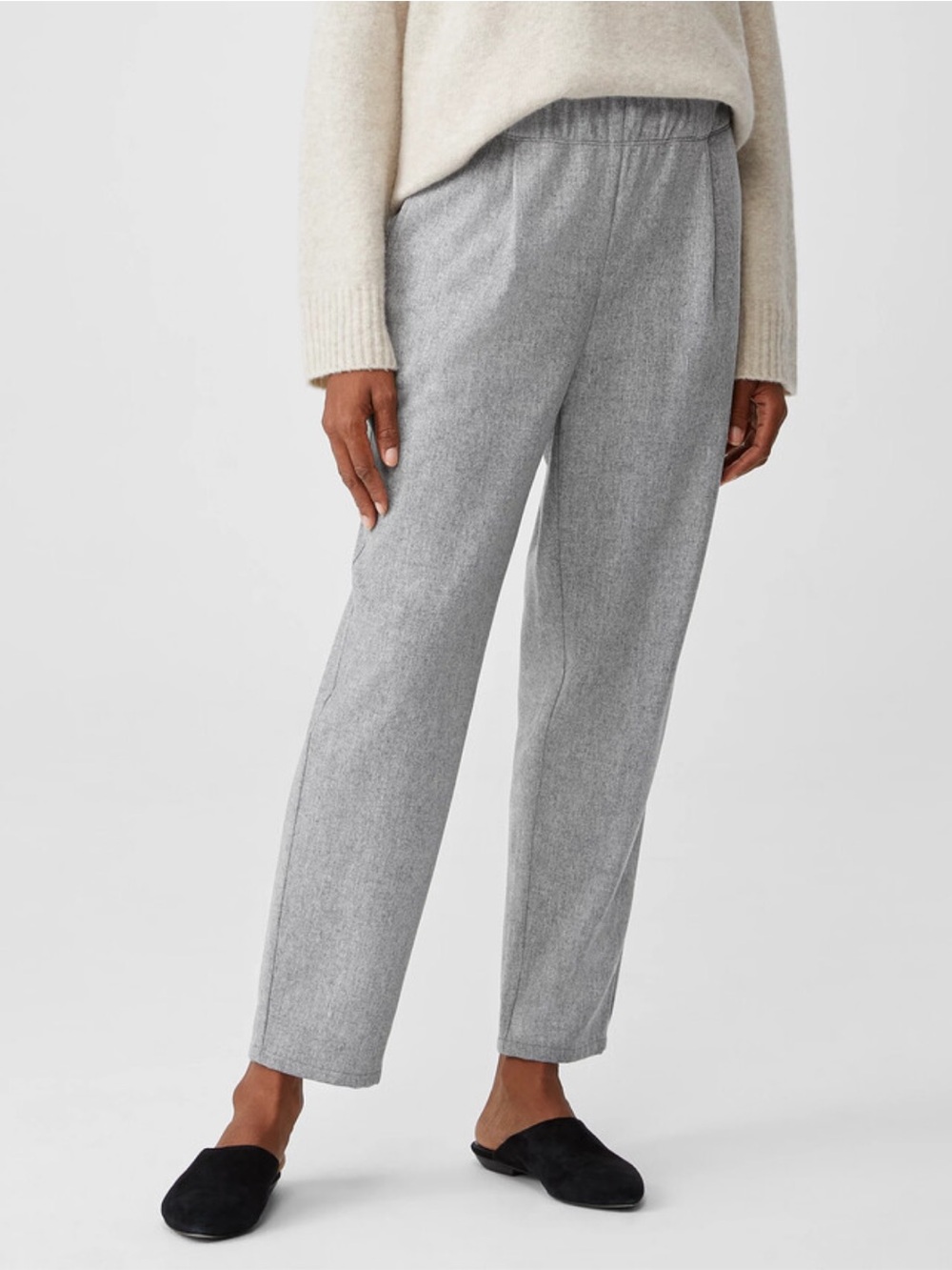 Eileen Fisher Heather Gray Soft 100% Wool Flannel Pleated Tapered Pants Medium